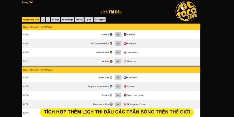 Tích hợp thêm lịch thi đấu các trận bóng trên thế giới